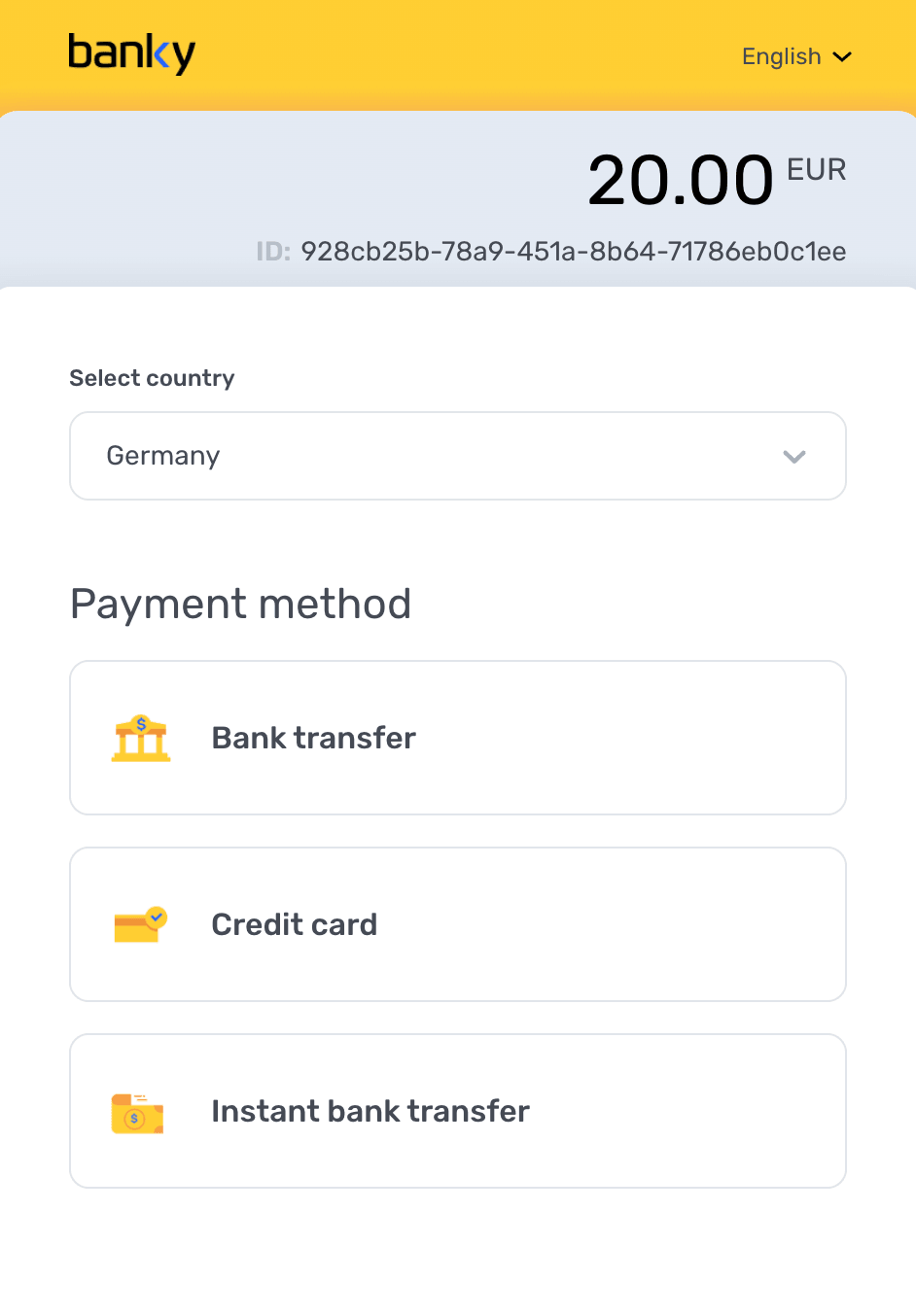 The Banky checkout: 20.00 EUR to pay, with bank transfer, credit card and instant bank transfer offered.