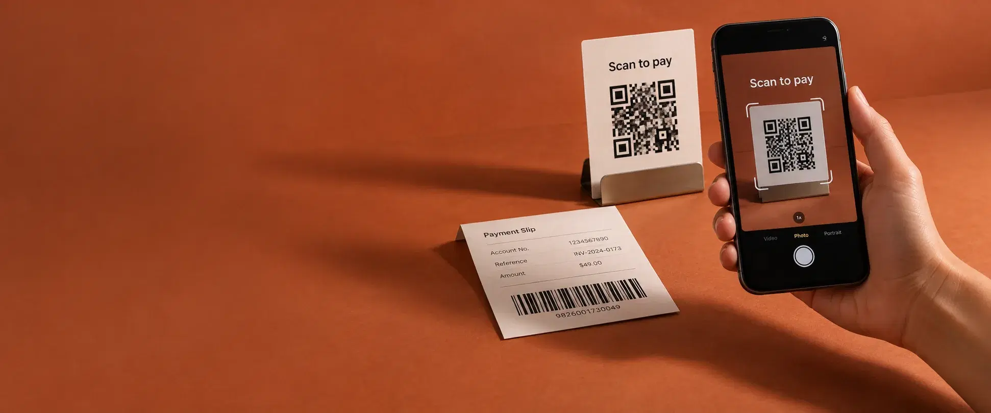 On a terracotta surface, a printed QR code stands in a small holder above a paper payment slip with a barcode, while a hand holds a phone over the code with scan to pay on its screen.